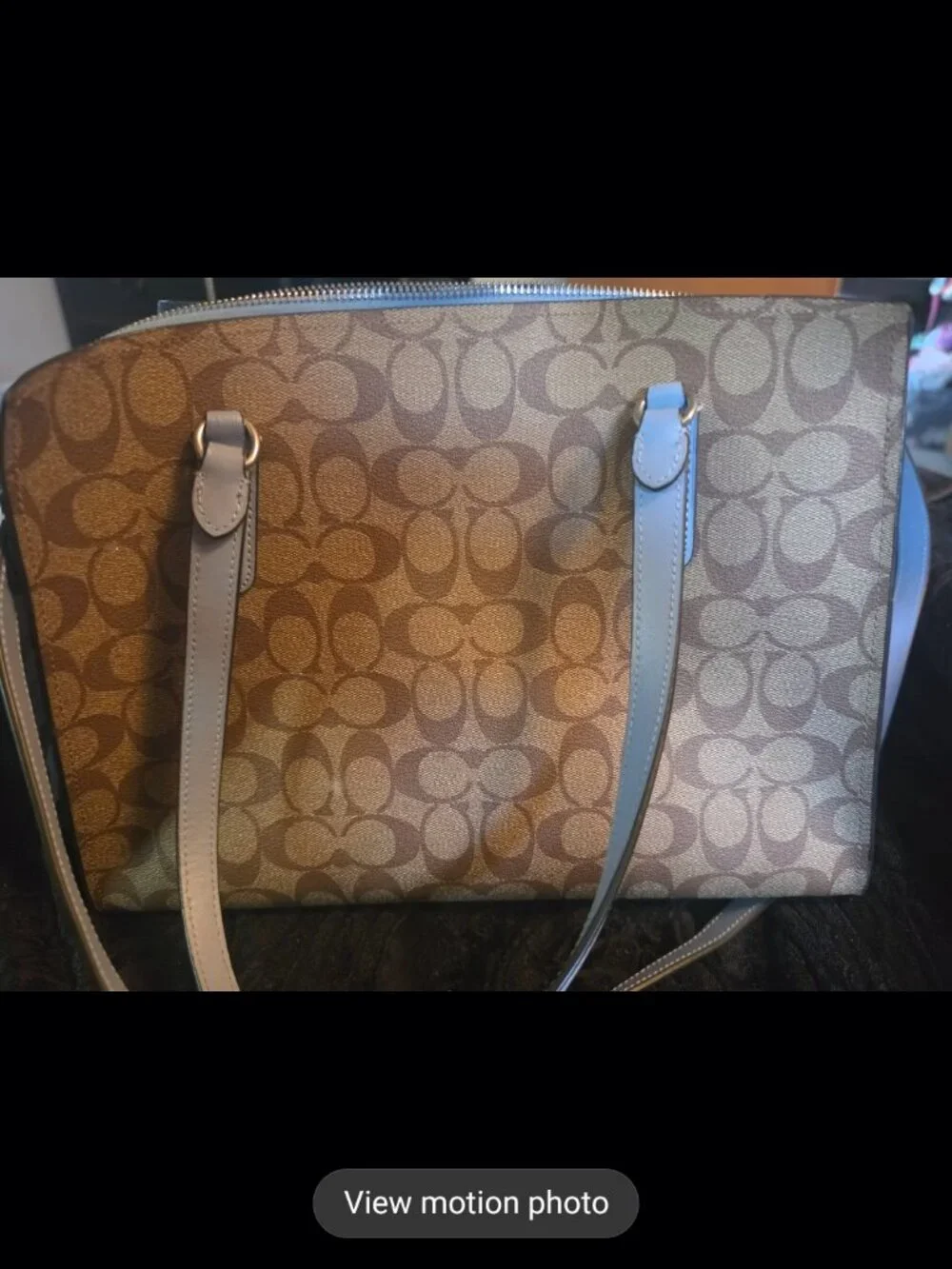 Coach Tatum Carryall in Signature Canvas with marble blue leather handles.